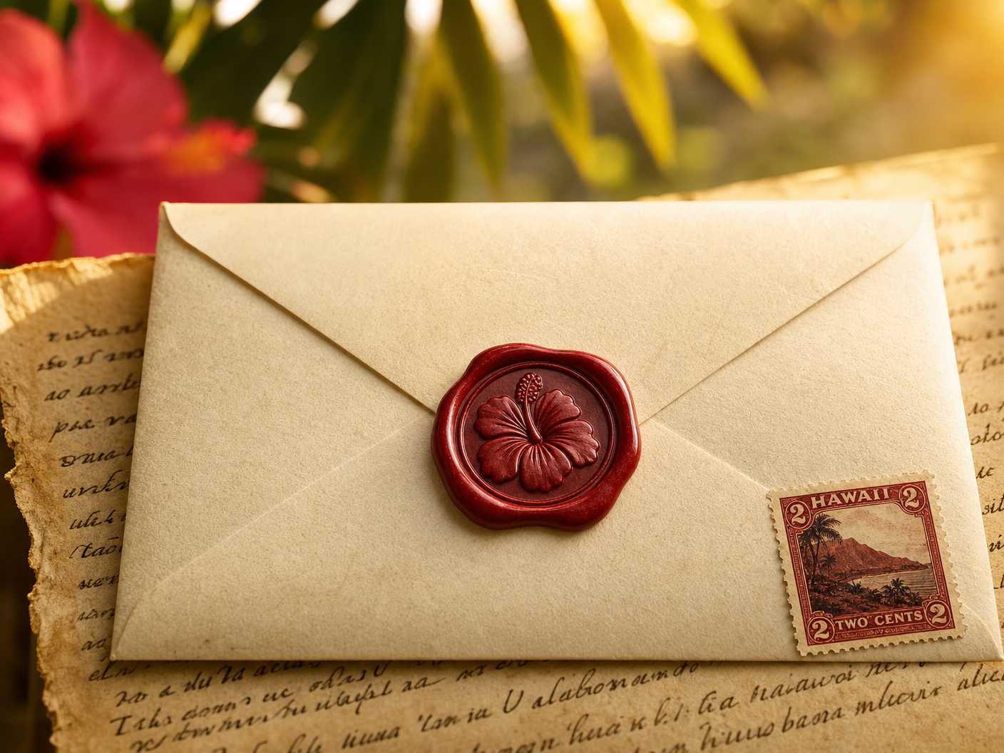 A cream envelope sealed with a hibiscus wax seal and a vintage Hawaii postage stamp